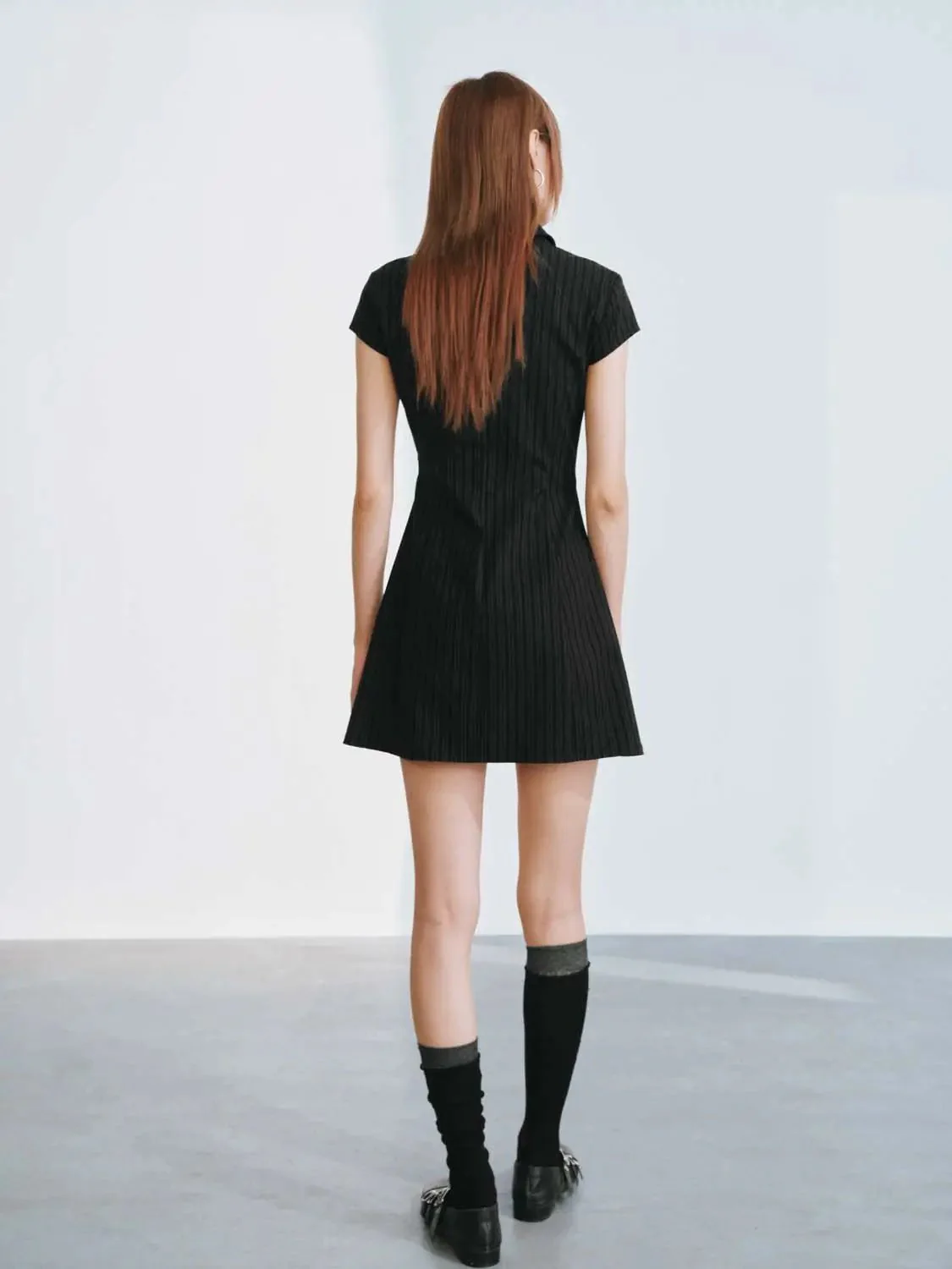 Viscose Blend Striped Polo Neck A-Line Mini Dress
