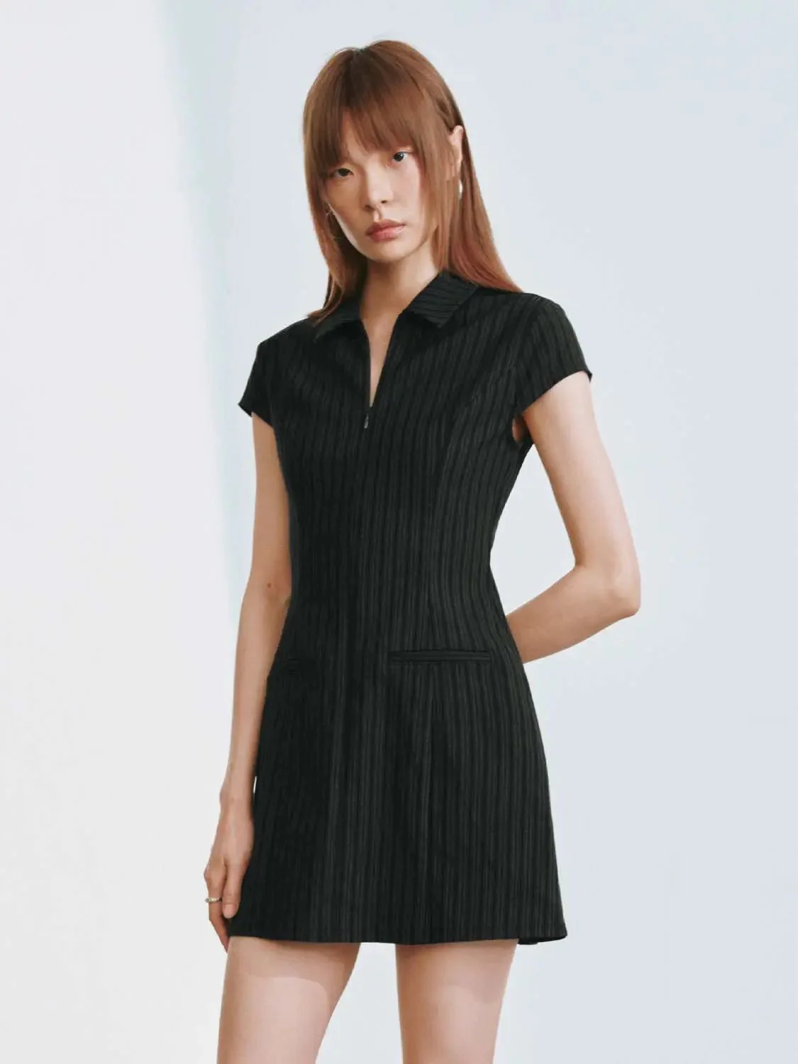 Viscose Blend Striped Polo Neck A-Line Mini Dress