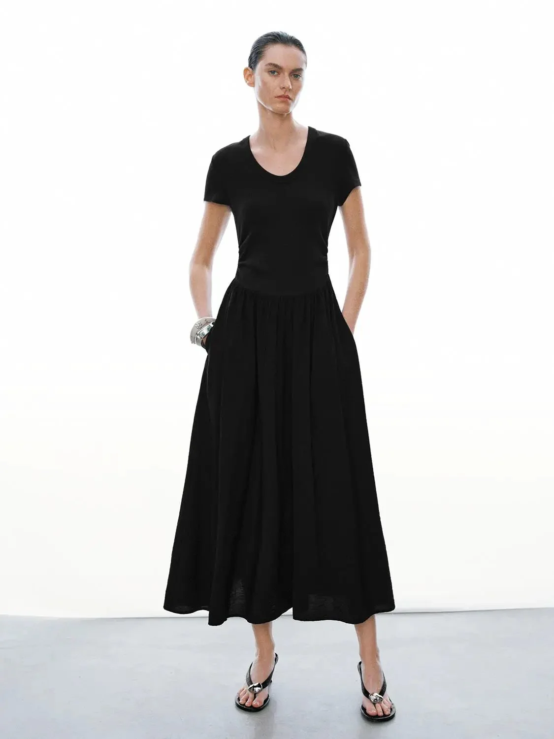11980-black-cotton-knit-crew-neck-aline-midi-dress-1.webp Black Cotton Knit Crew Neck Aline Midi Dress