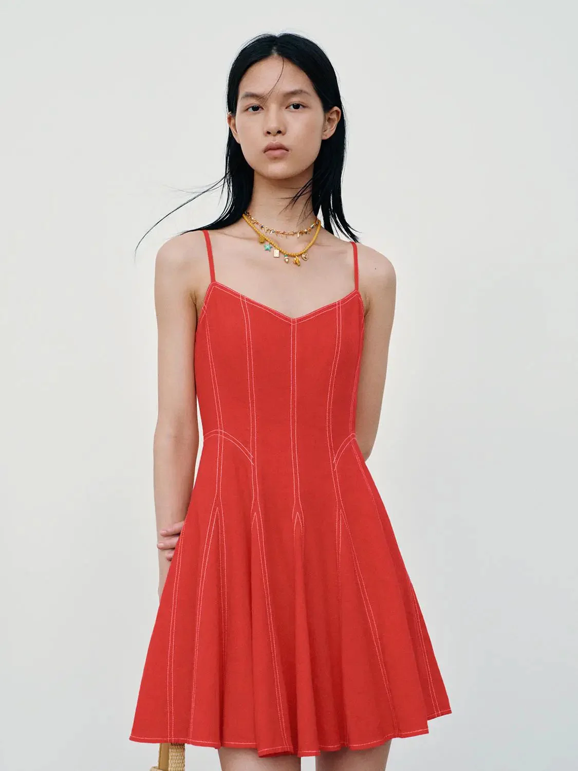 Elegant Linen Blend Seamed A-Line Midi Dress