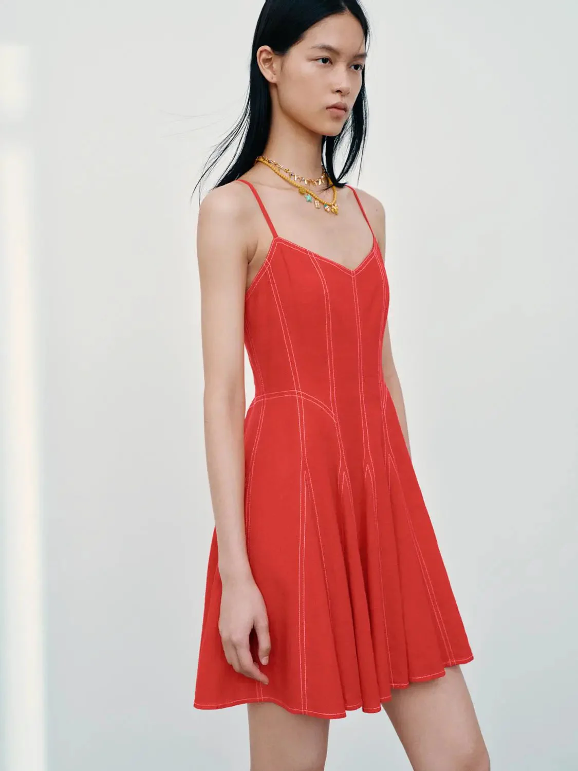 Elegant Linen Blend Seamed A-Line Midi Dress
