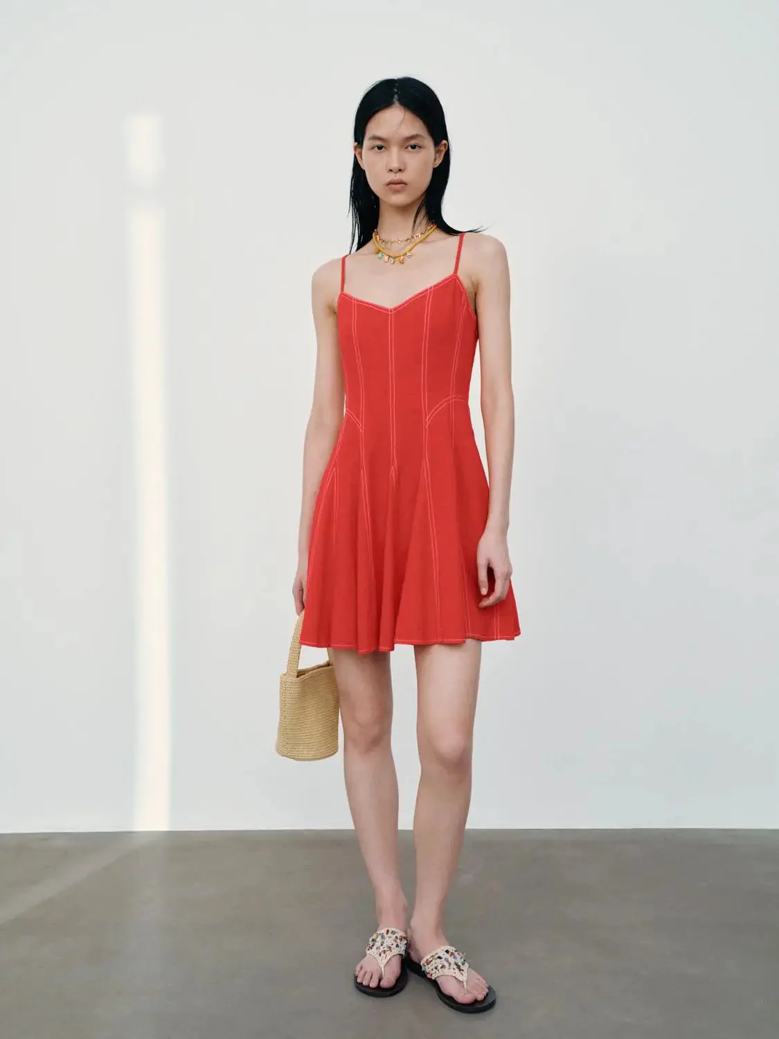 Elegant Linen Blend Seamed A-Line Midi Dress