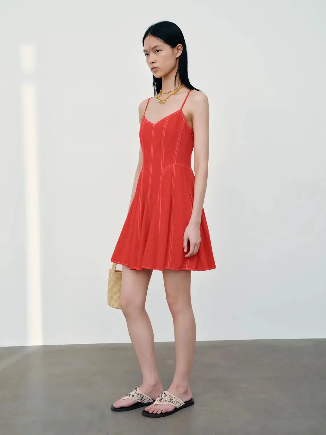 Elegant Linen Blend Seamed A-Line Midi Dress