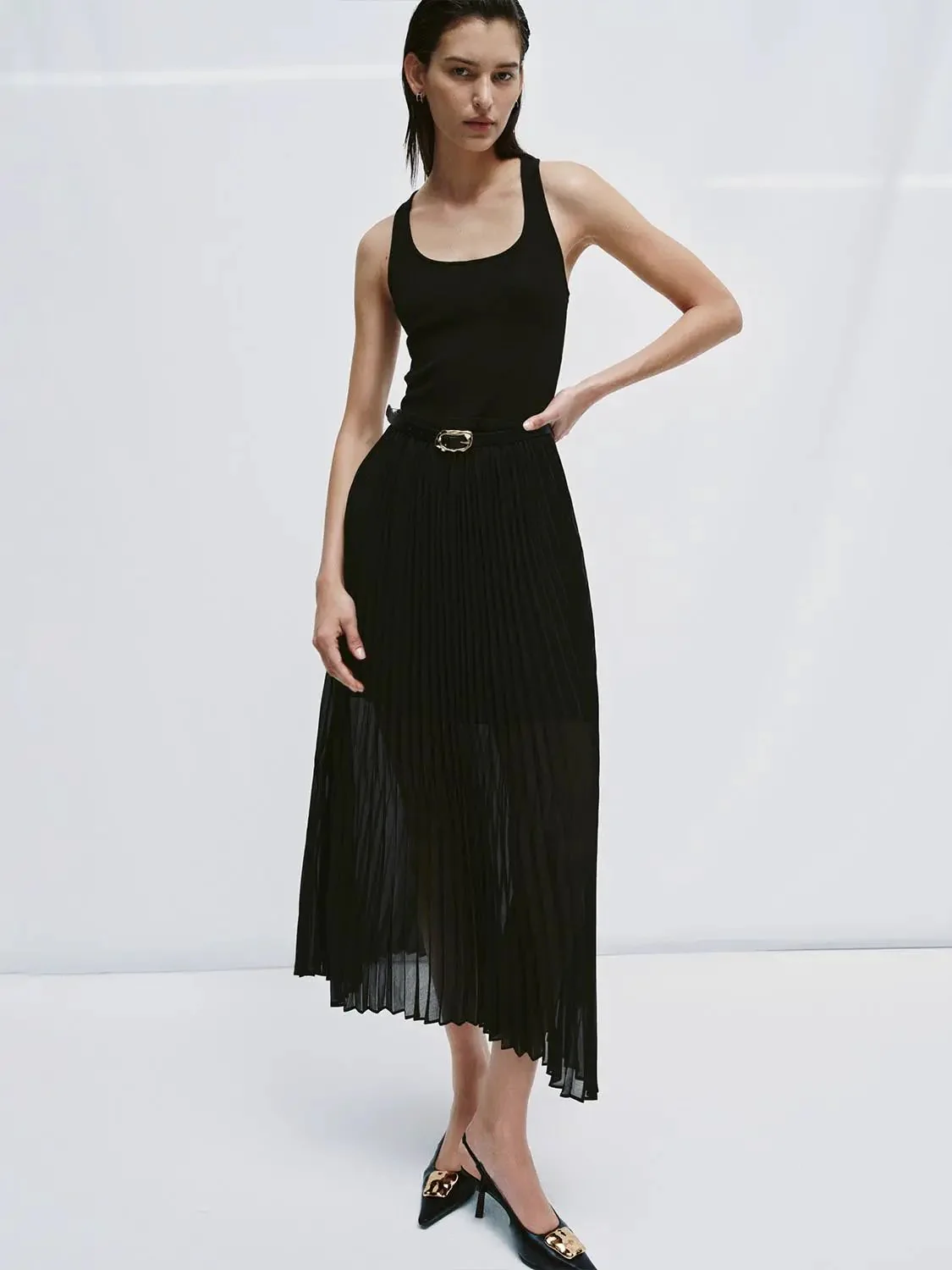 Cotton U Neck Strappy Belted Pleated A Line Maxi Dress