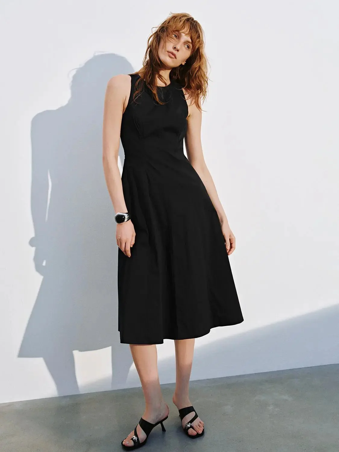 12027-black-cotton-blend-crew-neck-sleeveless-aline-midi-dresses-1.webp Black Cotton Blend Crew Neck Sleeveless Aline Midi Dresses