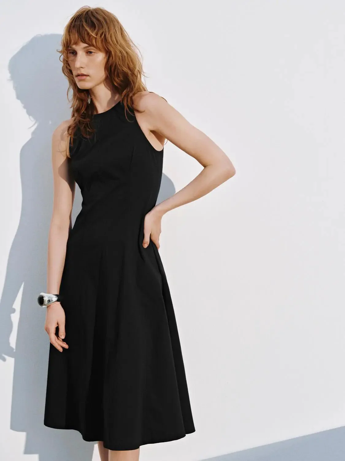 12027-black-cotton-blend-crew-neck-sleeveless-aline-midi-dresses-2.webp Black Cotton Blend Crew Neck Sleeveless Aline Midi Dresses