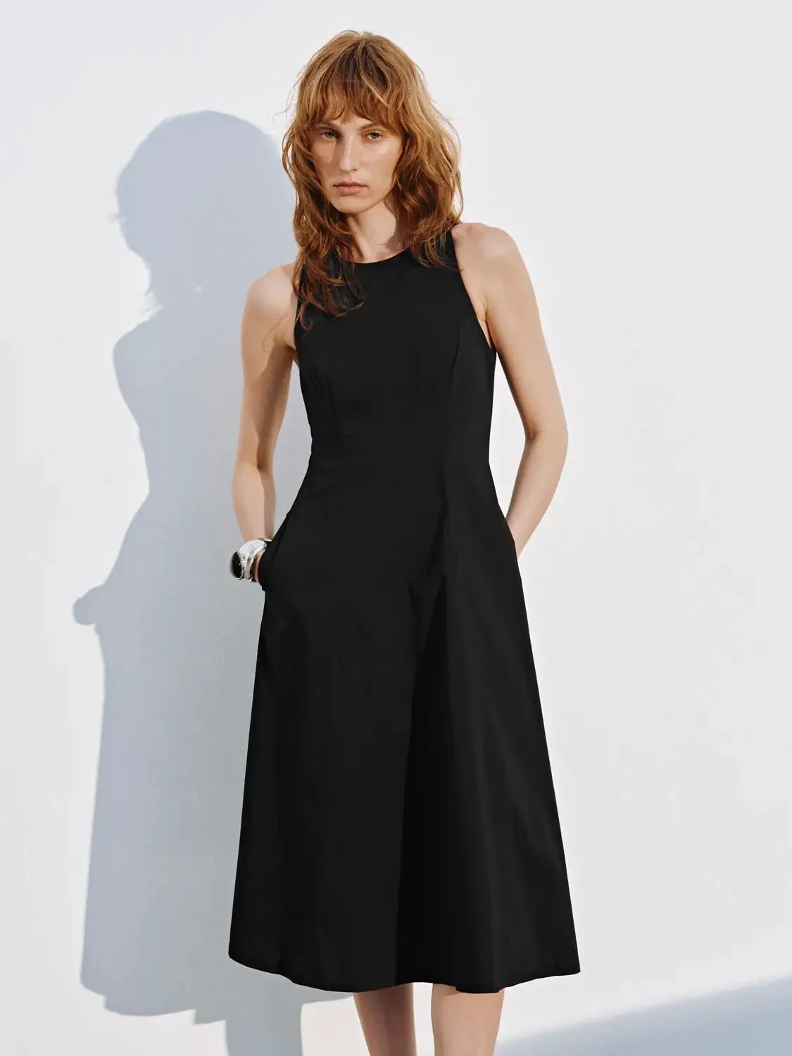 12027-black-cotton-blend-crew-neck-sleeveless-aline-midi-dresses-4.webp Black Cotton Blend Crew Neck Sleeveless Aline Midi Dresses