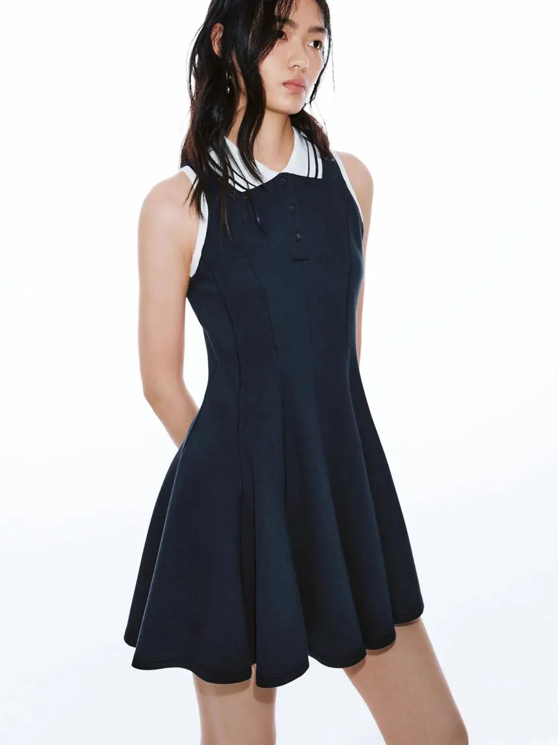 Navy Polo Neck Sleeveless A Line Midi Dresses