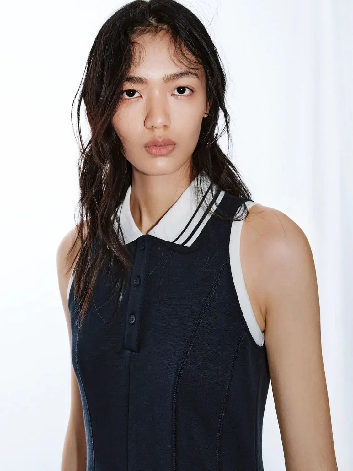 Navy Polo Neck Sleeveless A Line Midi Dresses