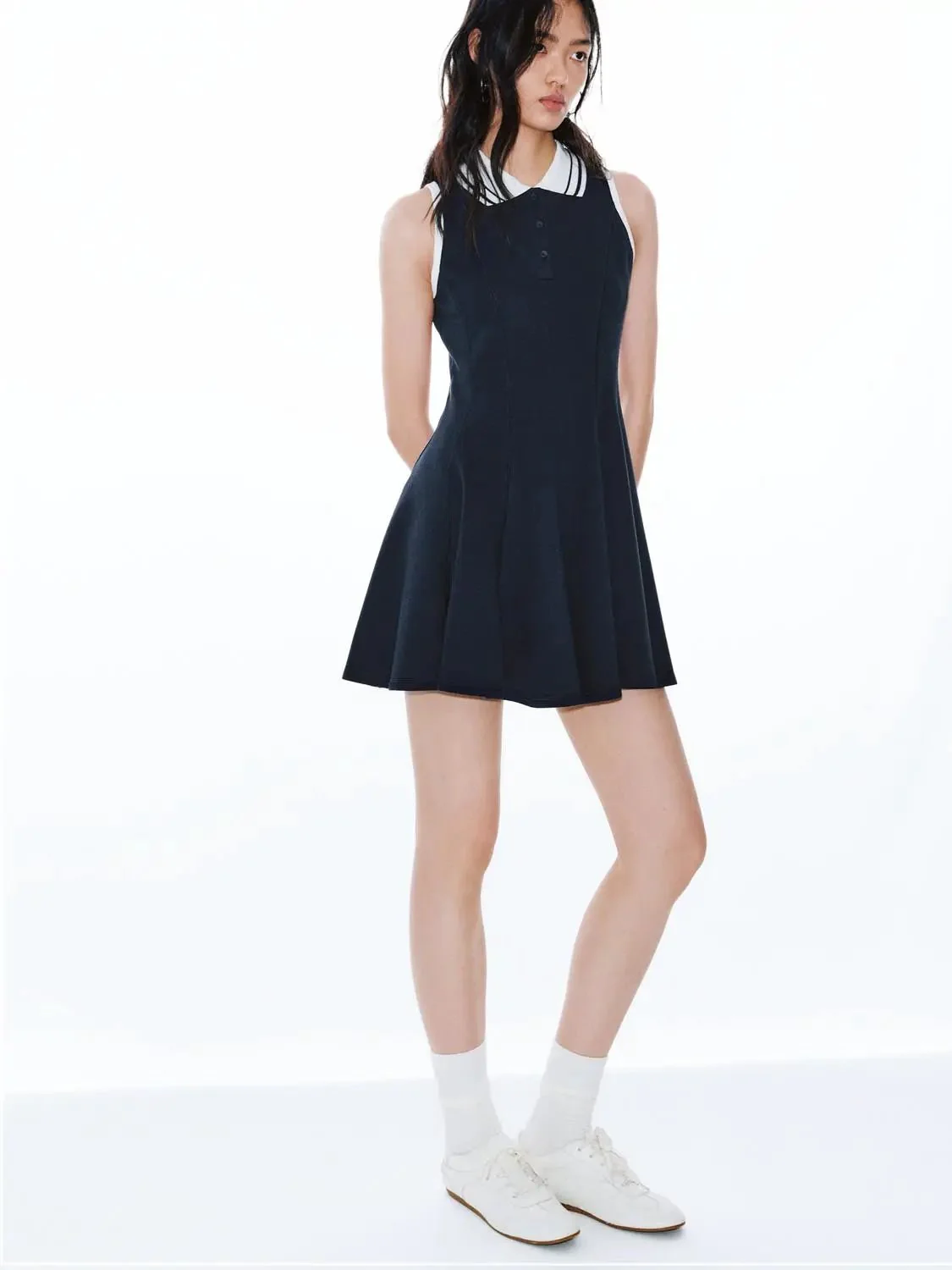 Navy Polo Neck Sleeveless A Line Midi Dresses