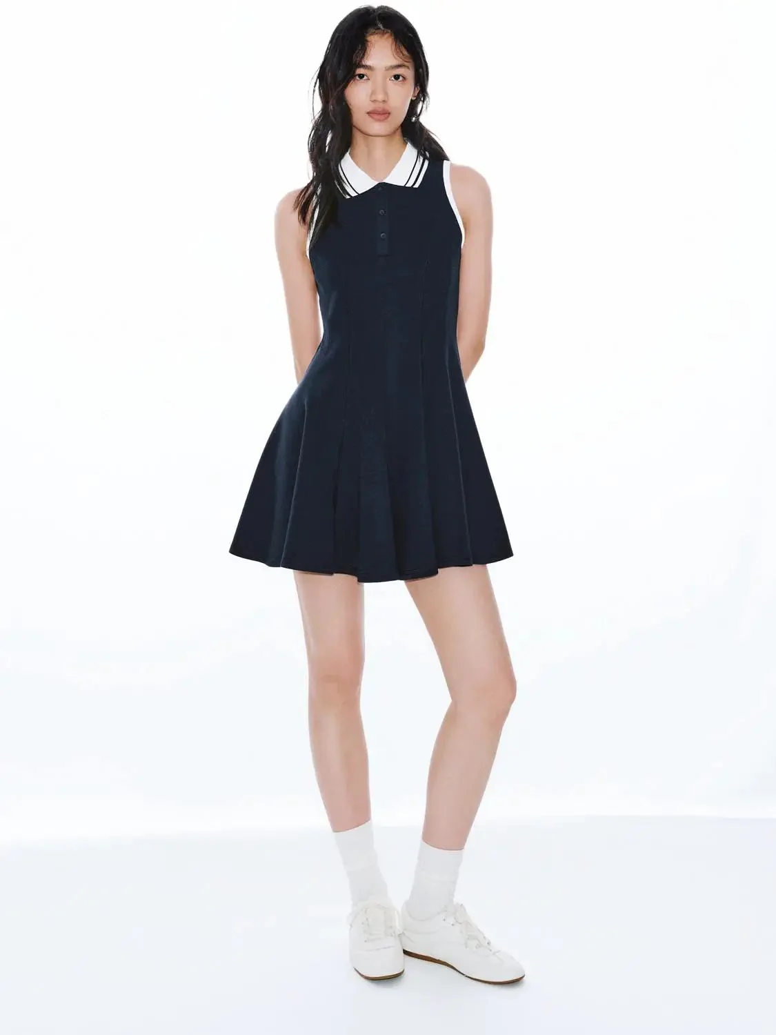 Navy Polo Neck Sleeveless A Line Midi Dresses