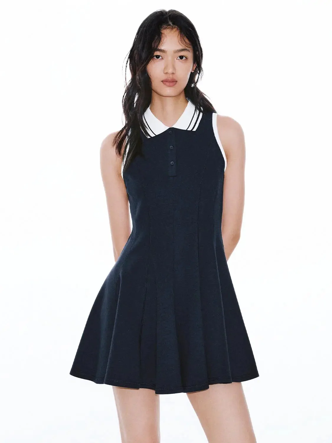 Navy Polo Neck Sleeveless A Line Midi Dresses