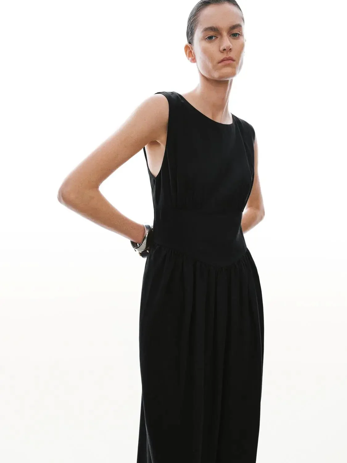 Lyocell Sleeveless Shirring A-Line Maxi Dress