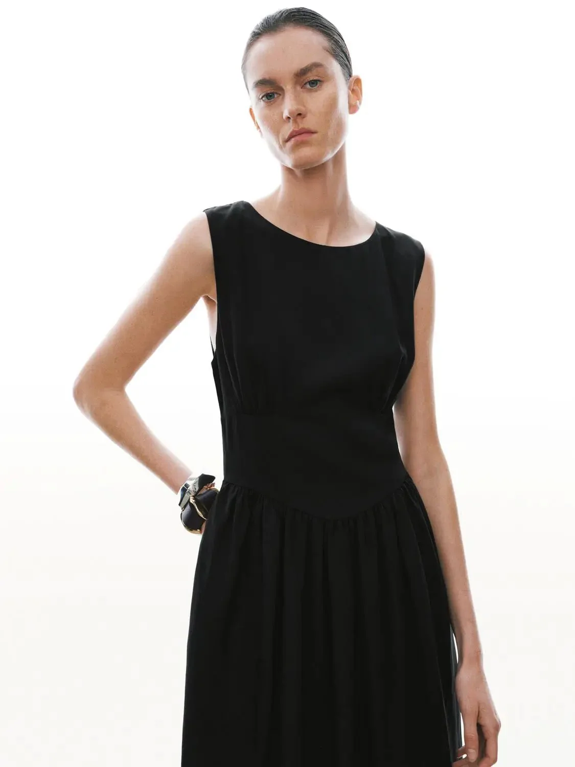 Lyocell Sleeveless Shirring A-Line Maxi Dress