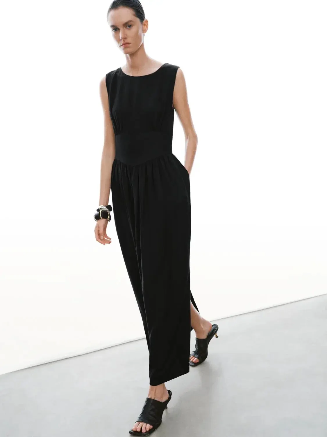 Lyocell Sleeveless Shirring A-Line Maxi Dress