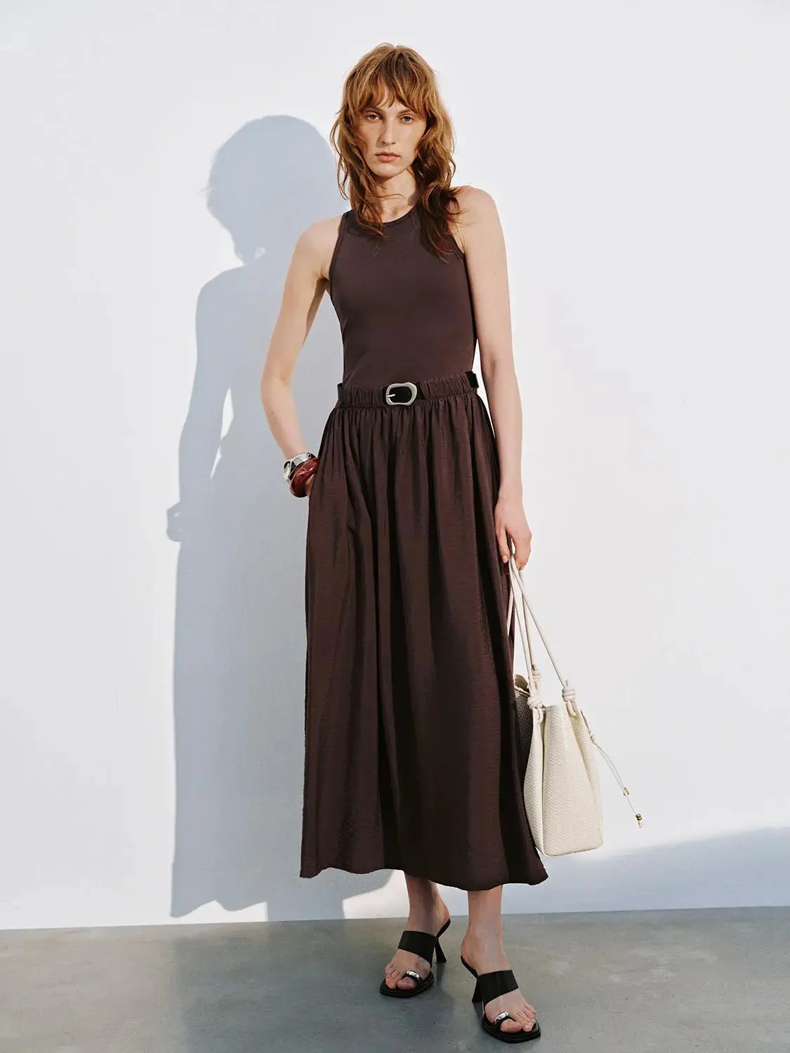 Cotton Upper Belted Sleeveless A Line Maxi Dress