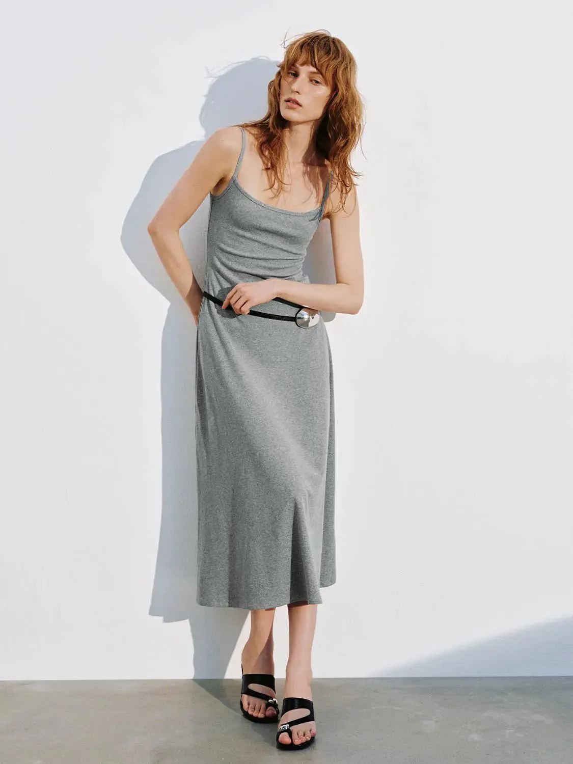 Cotton Blend Strappy A Line Midi Casual Dress