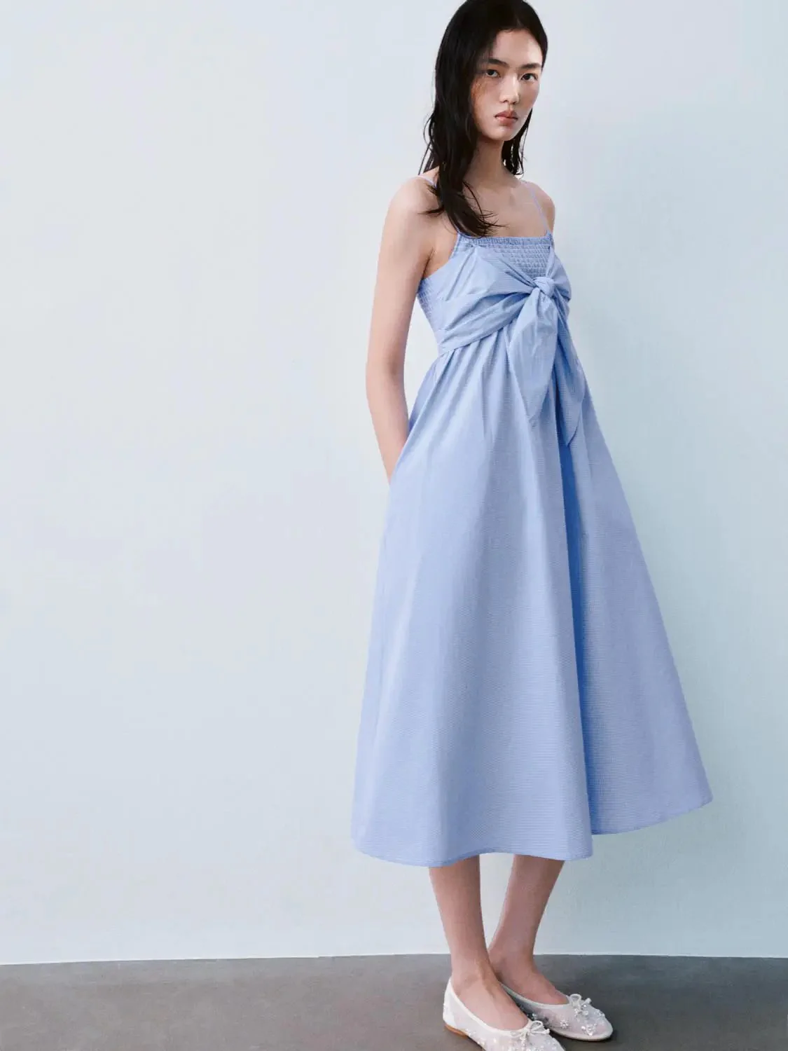 12107-cotton-strappy-bow-tie-front-a-line-midi-dress-4.webp Cotton Strappy Bow Tie Front A-Line Midi Dress