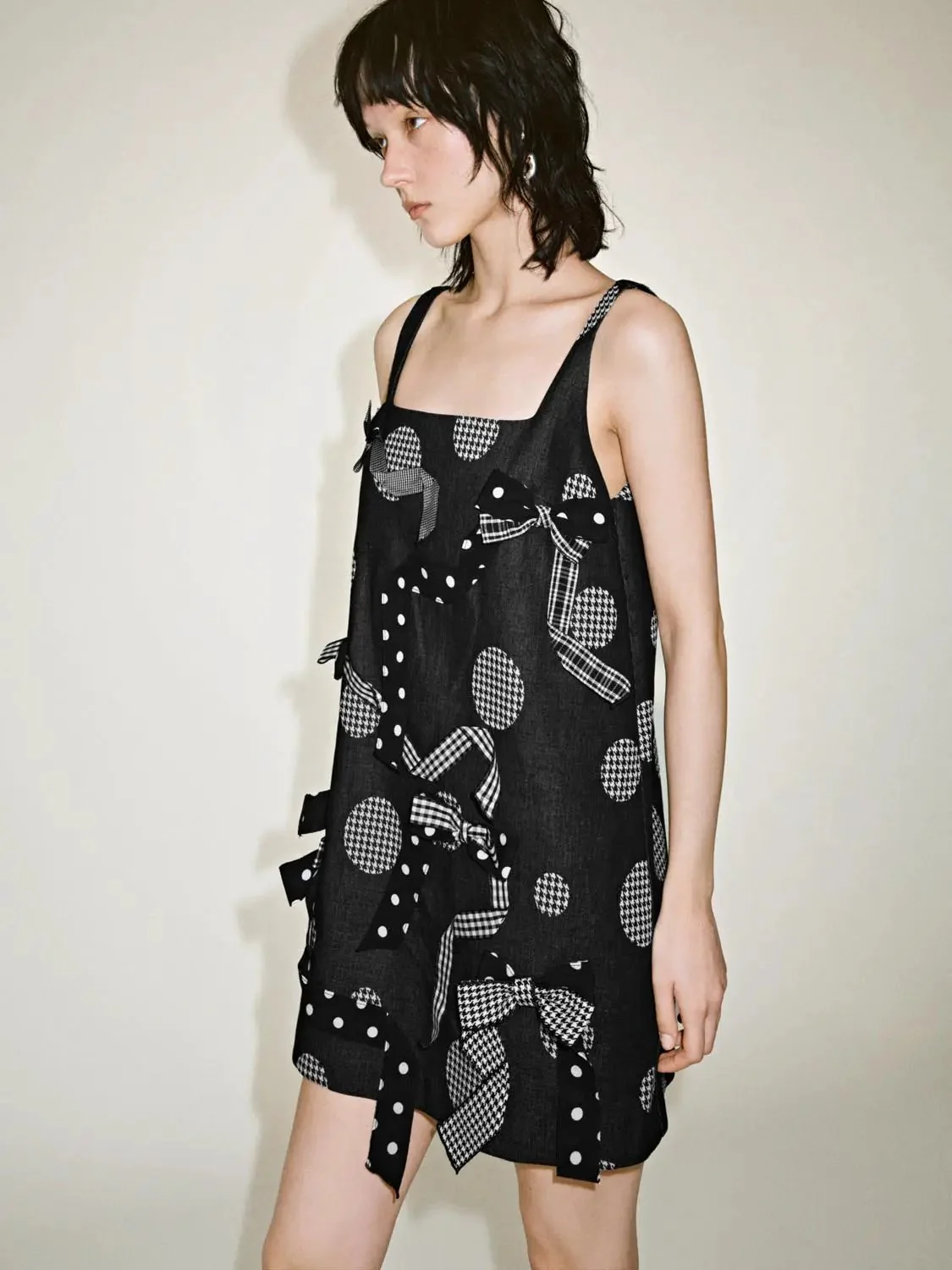 Check Bow Applique Strappy A Line Midi Dress