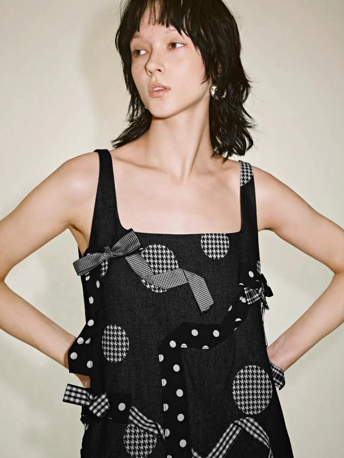 Check Bow Applique Strappy A Line Midi Dress
