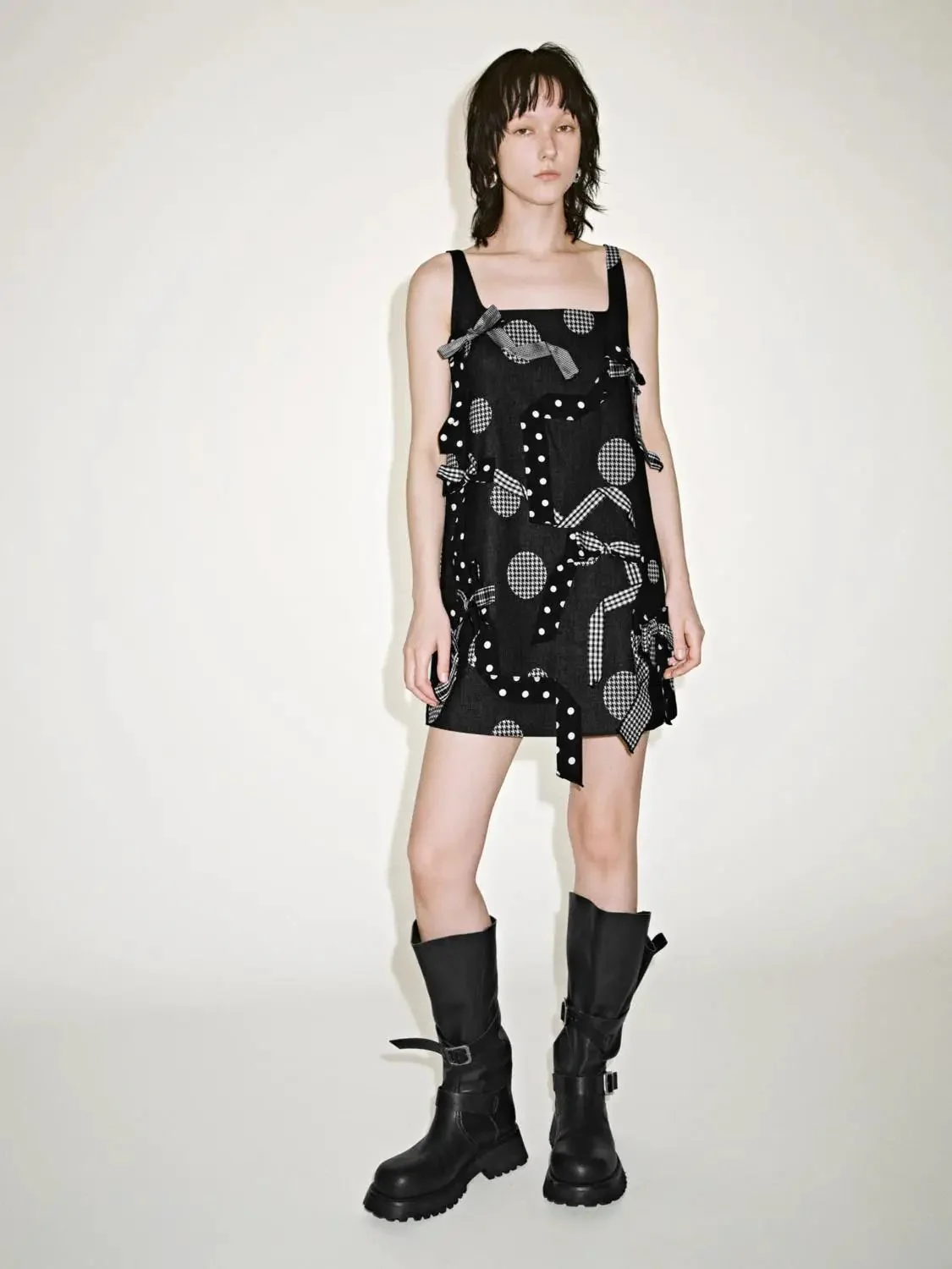 Check Bow Applique Strappy A Line Midi Dress