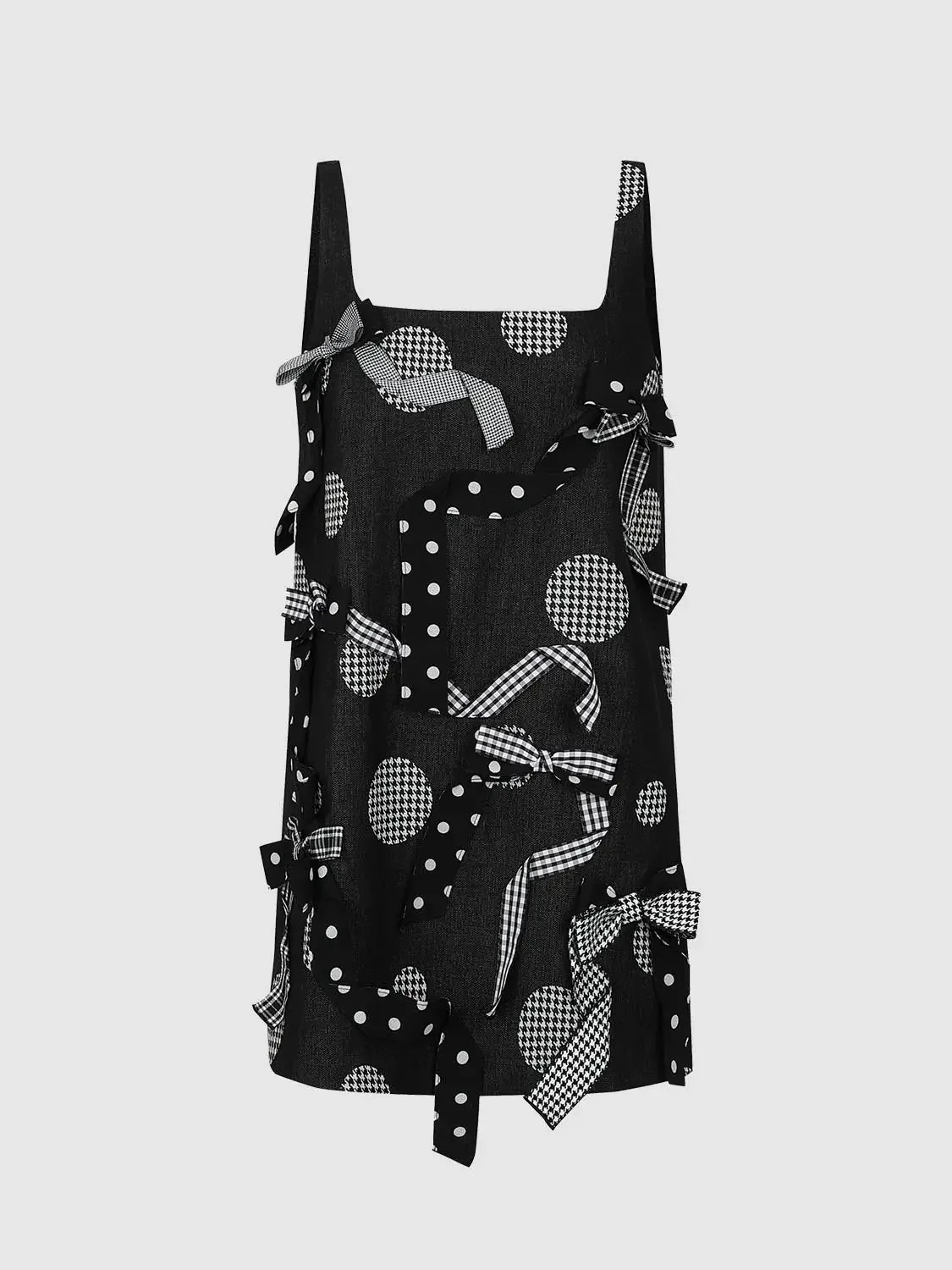 Check Bow Applique Strappy A Line Midi Dress