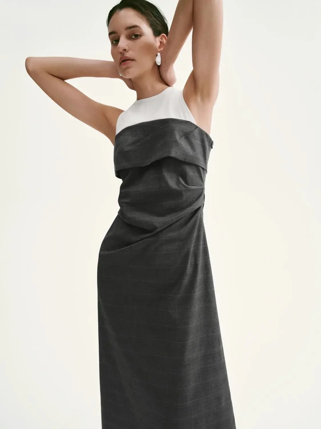 Two-Tone Knit and Woven Layered A-Line Midi Dress