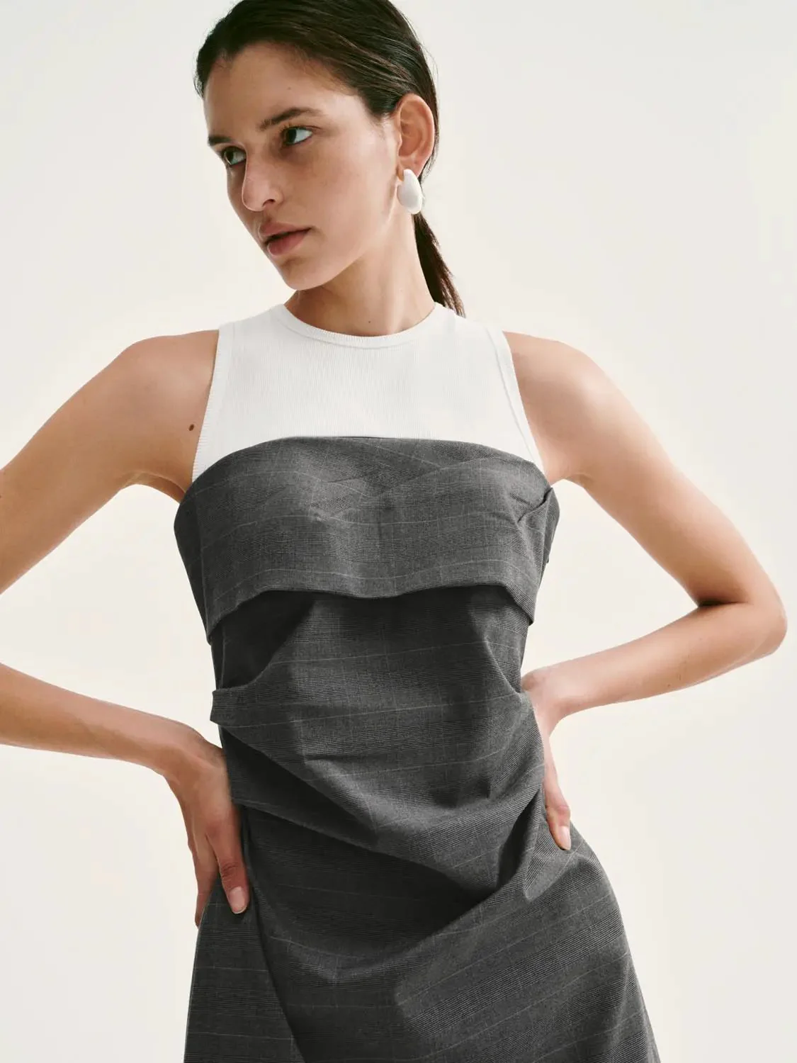 Two-Tone Knit and Woven Layered A-Line Midi Dress