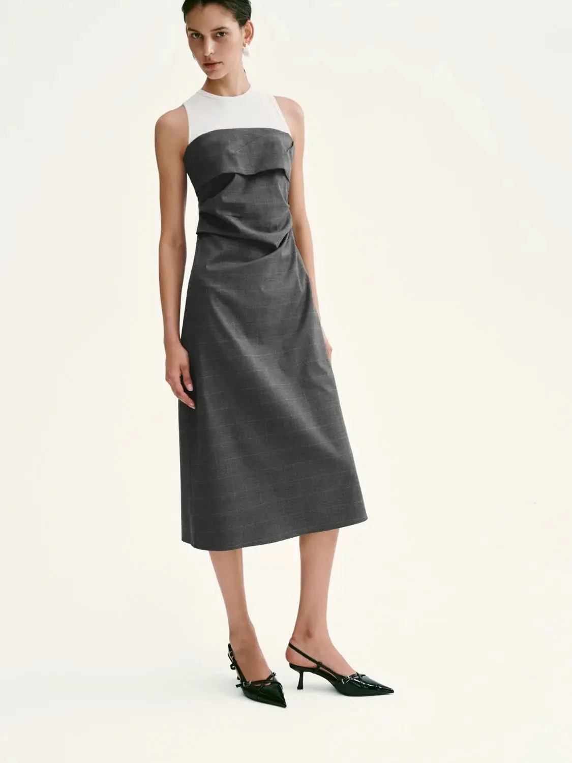 Two-Tone Knit and Woven Layered A-Line Midi Dress