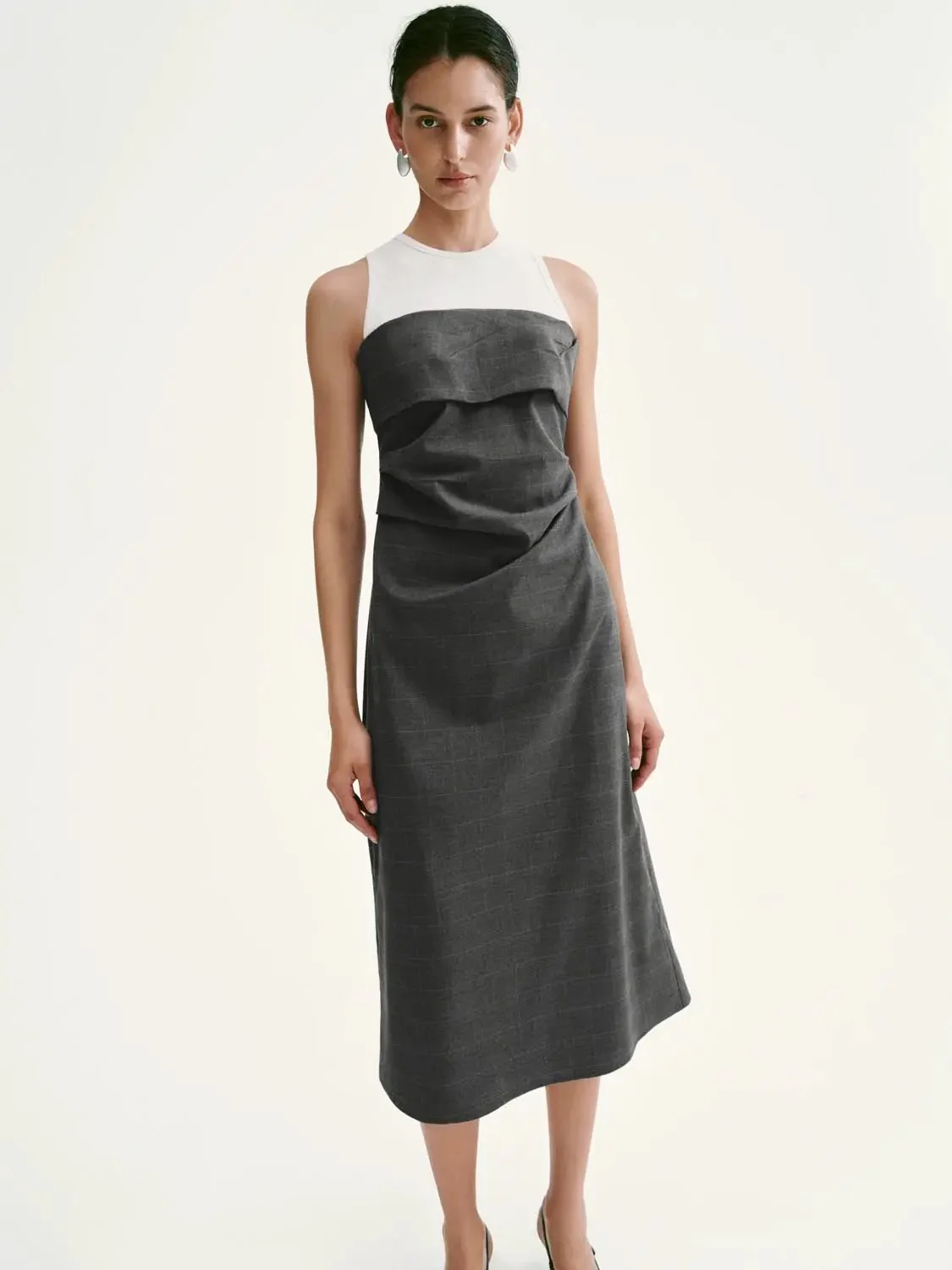 Two-Tone Knit and Woven Layered A-Line Midi Dress