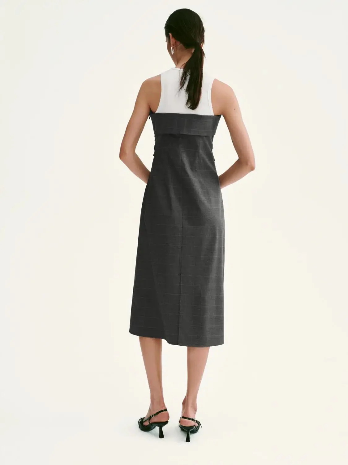 Two-Tone Knit and Woven Layered A-Line Midi Dress