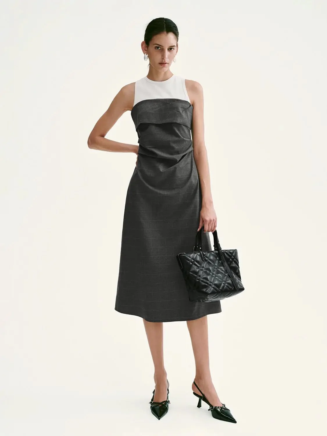Two-Tone Knit and Woven Layered A-Line Midi Dress