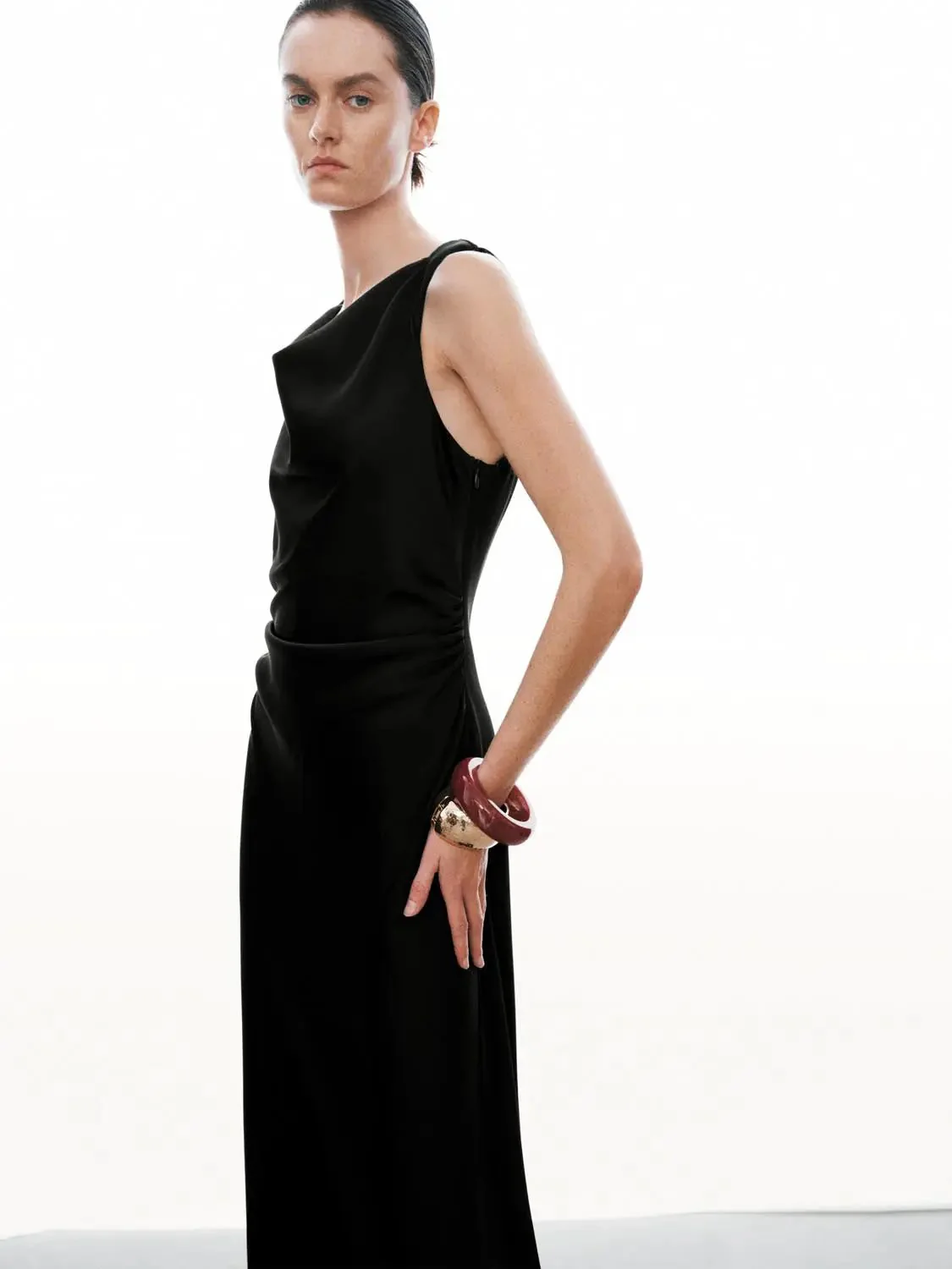 Cowl Neck Sleeveless A Line Midi Stretch Dresses