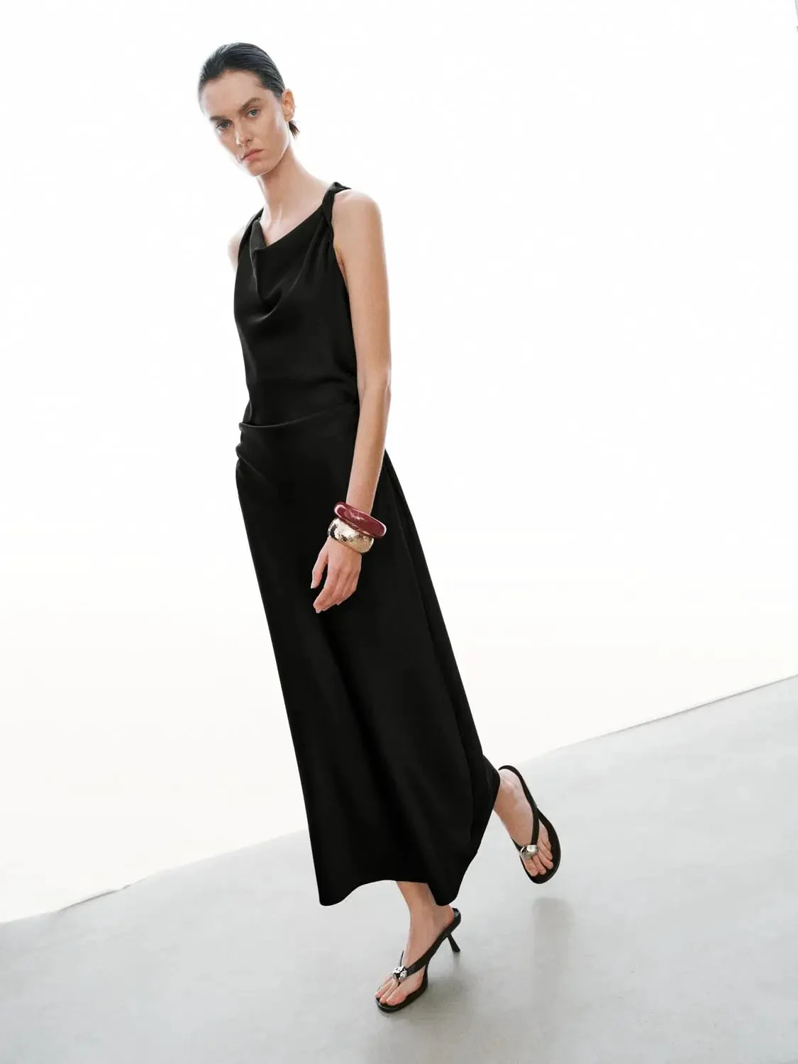 Cowl Neck Sleeveless A Line Midi Stretch Dresses