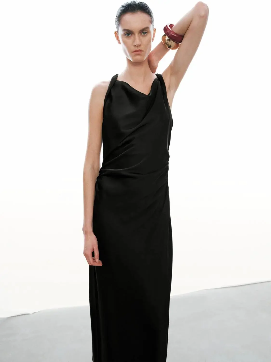 Cowl Neck Sleeveless A Line Midi Stretch Dresses