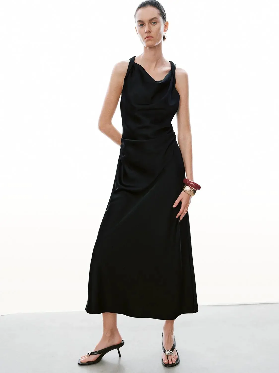 Cowl Neck Sleeveless A Line Midi Stretch Dresses