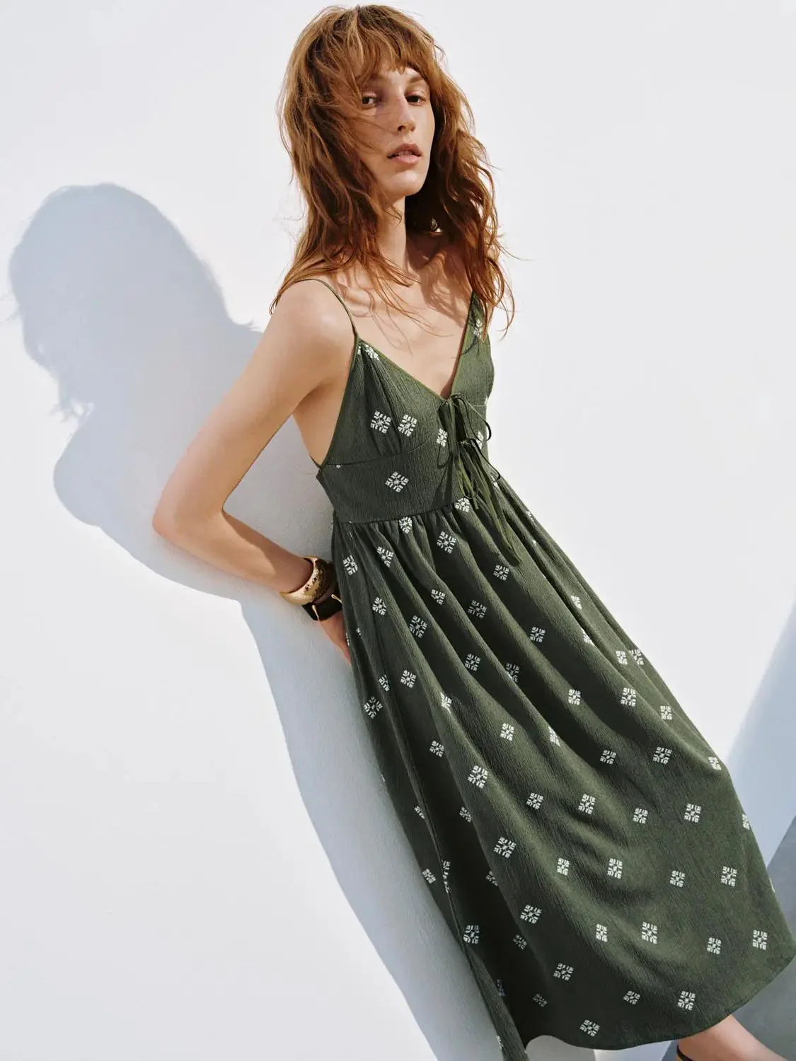 Olive Green Embroidered Strappy A-Line Stretch Midi Dress