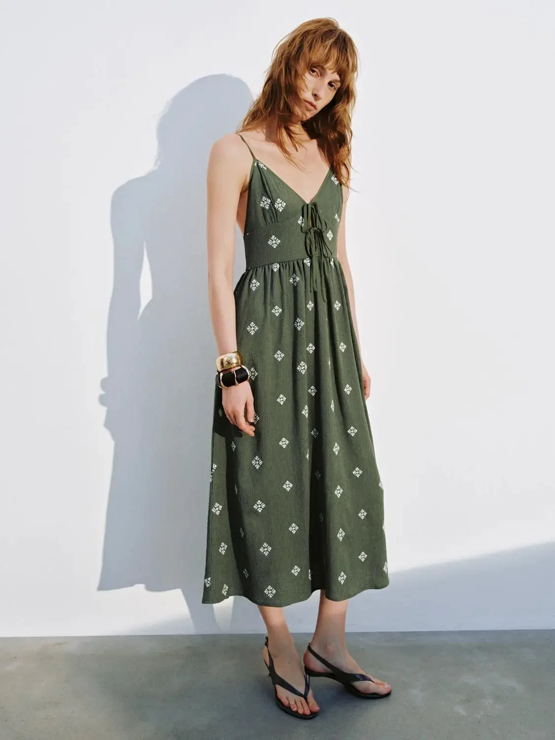 Olive Green Embroidered Strappy A-Line Stretch Midi Dress
