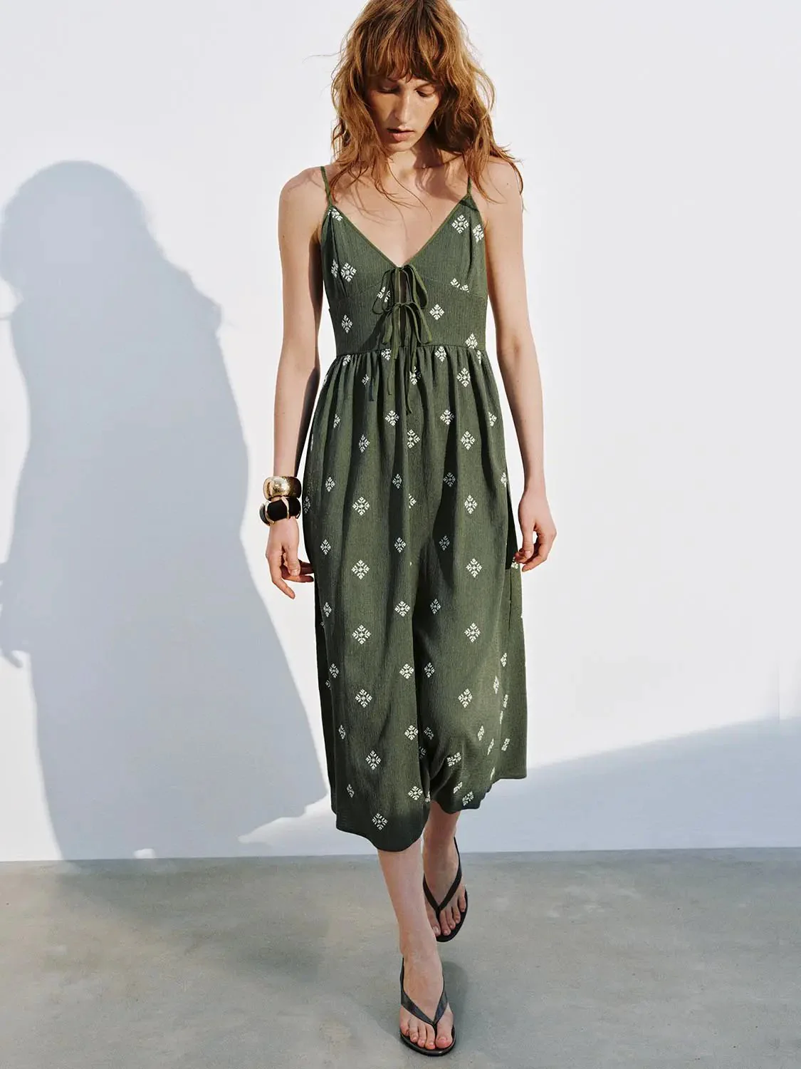 Olive Green Embroidered Strappy A-Line Stretch Midi Dress