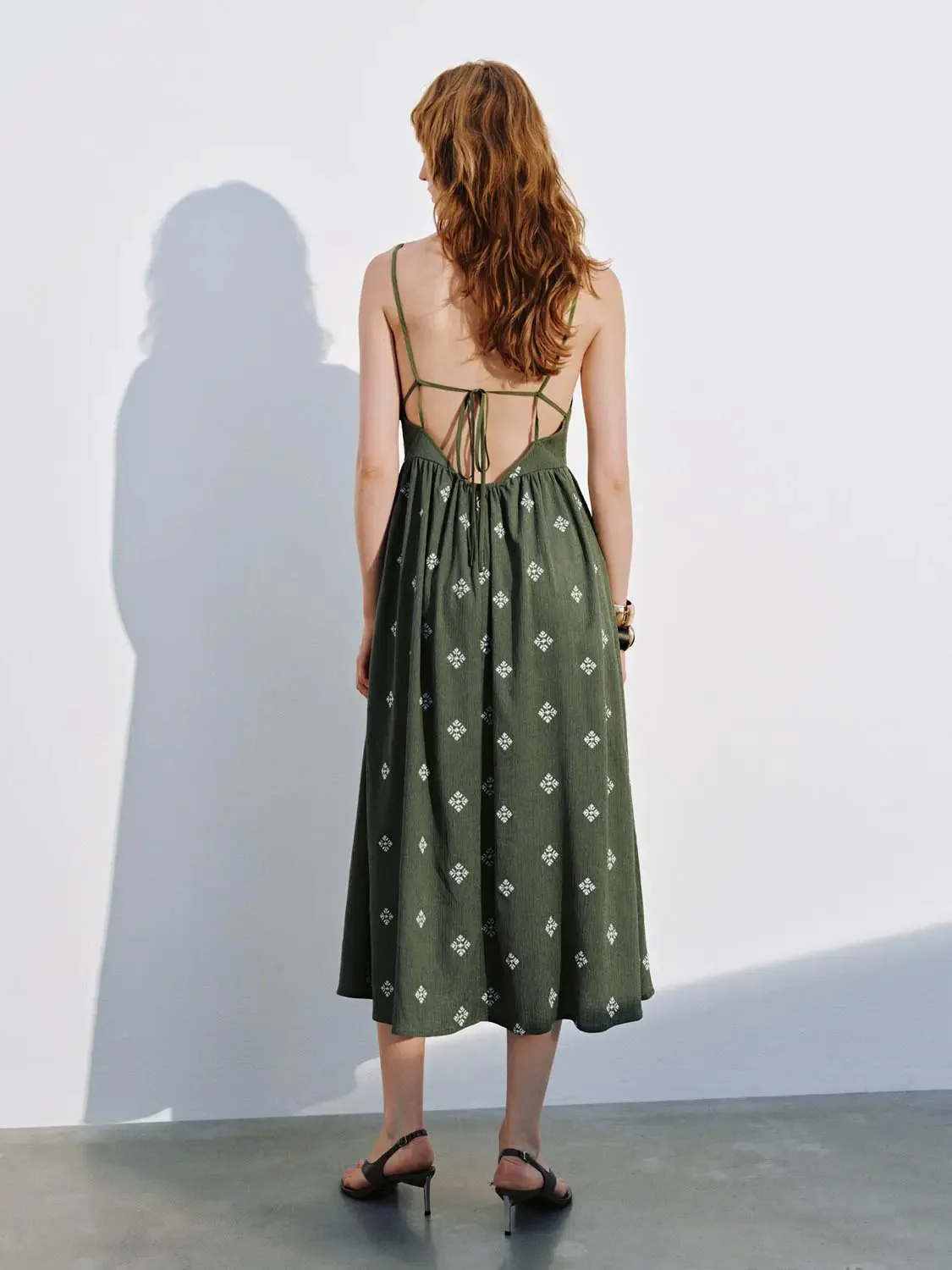 Olive Green Embroidered Strappy A-Line Stretch Midi Dress