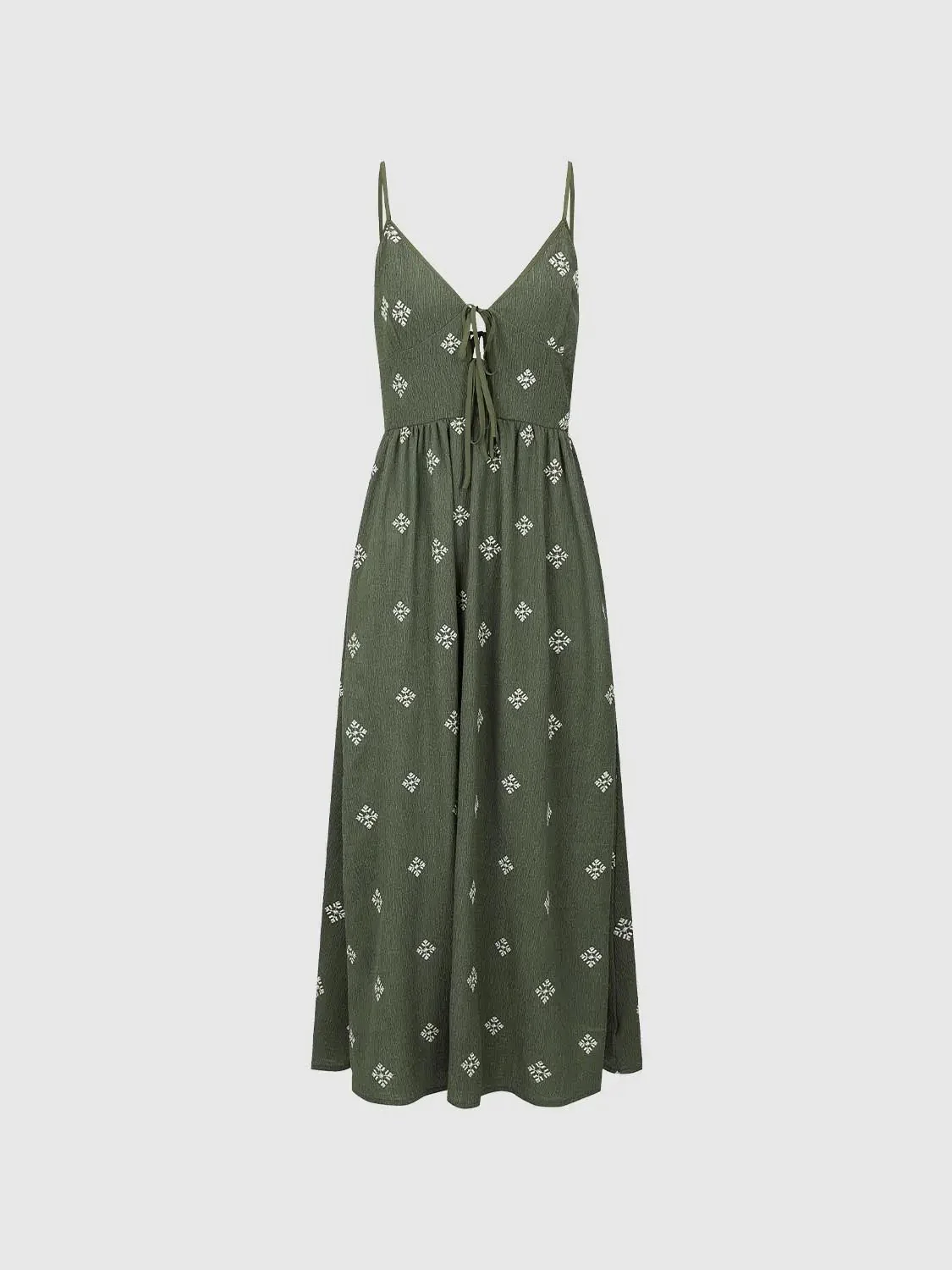 Olive Green Embroidered Strappy A-Line Stretch Midi Dress