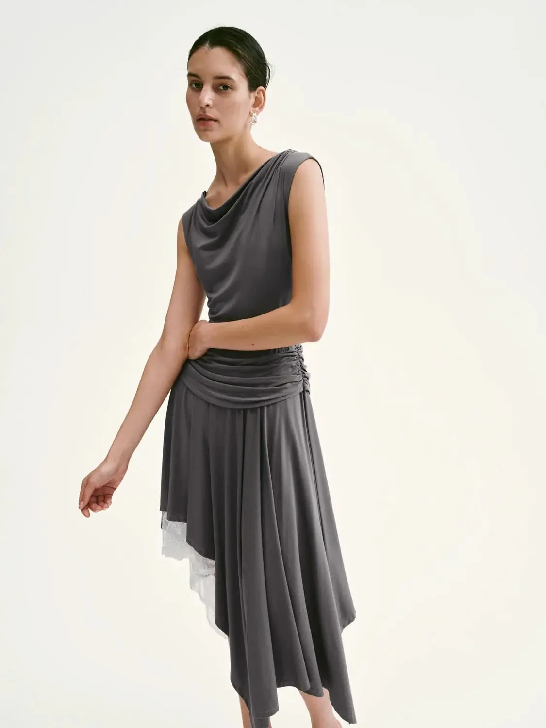 Modal Blend Lace Trim Asymmetric Pleated Midi Dress
