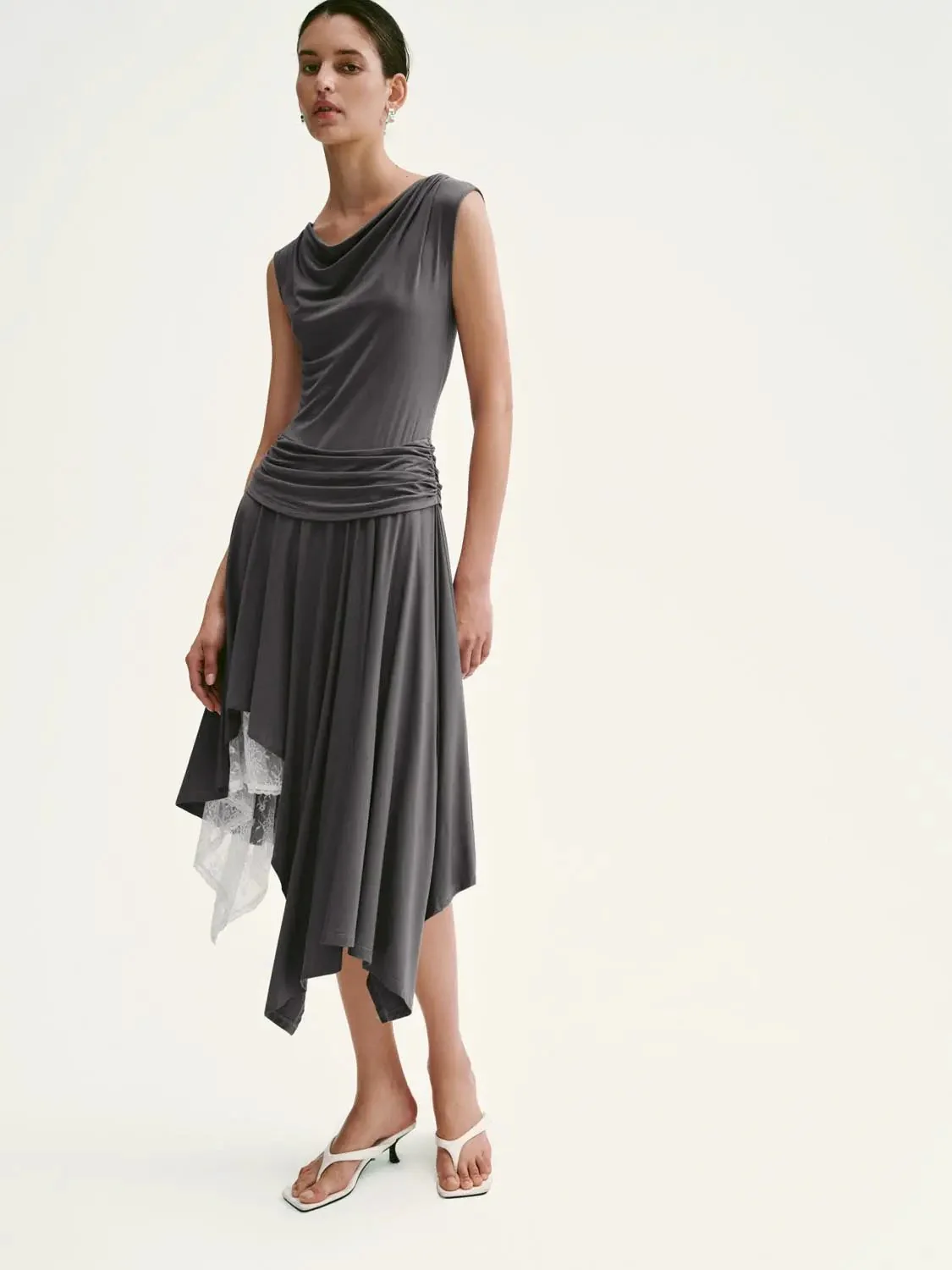 Modal Blend Lace Trim Asymmetric Pleated Midi Dress