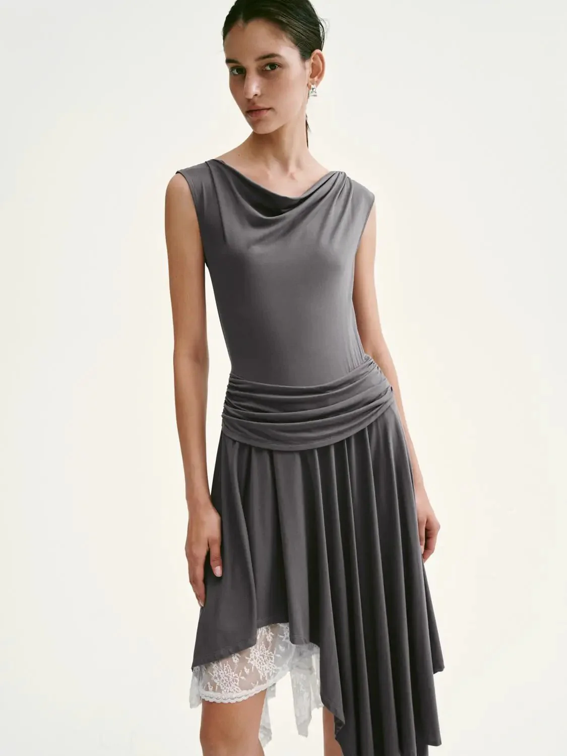 Modal Blend Lace Trim Asymmetric Pleated Midi Dress