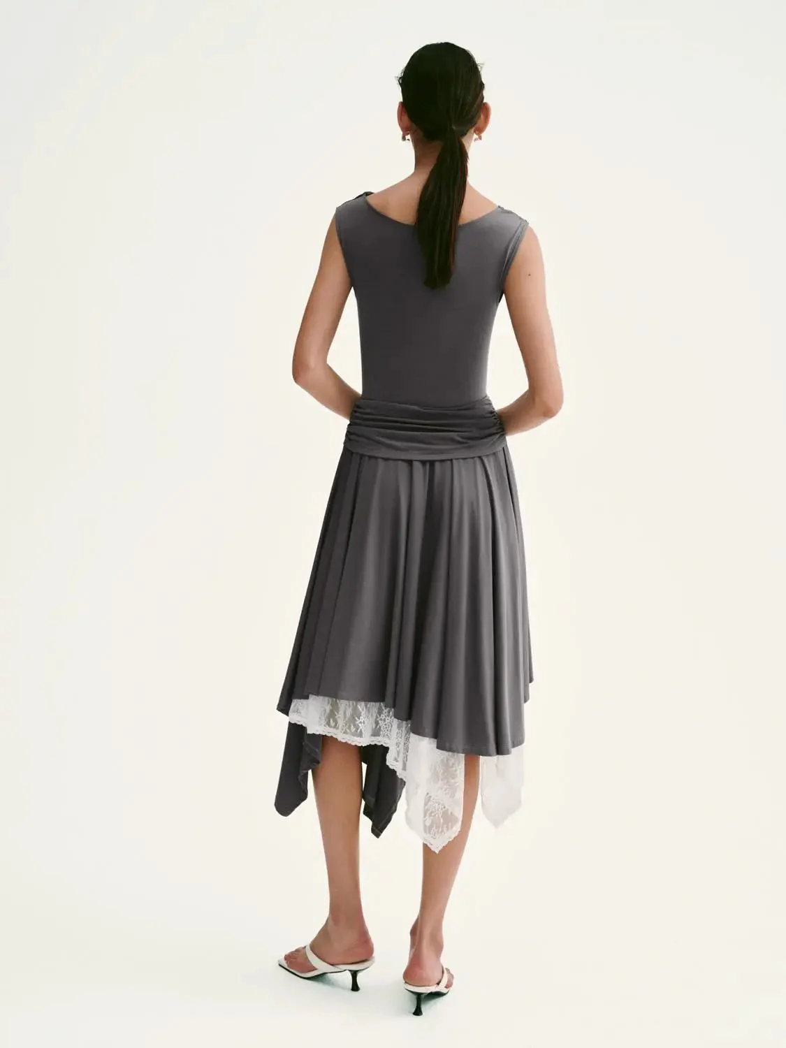 Modal Blend Lace Trim Asymmetric Pleated Midi Dress
