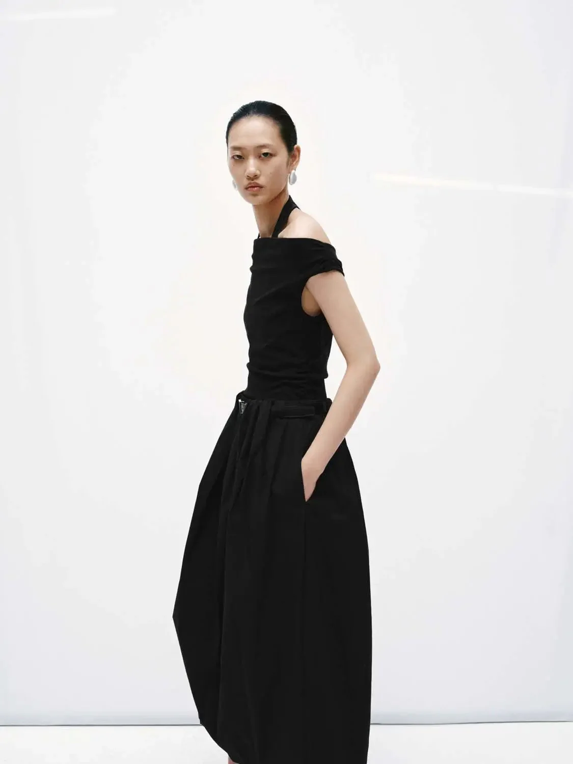 Cotton Halter Cowl Neck Ruched Aline Midi Dresses
