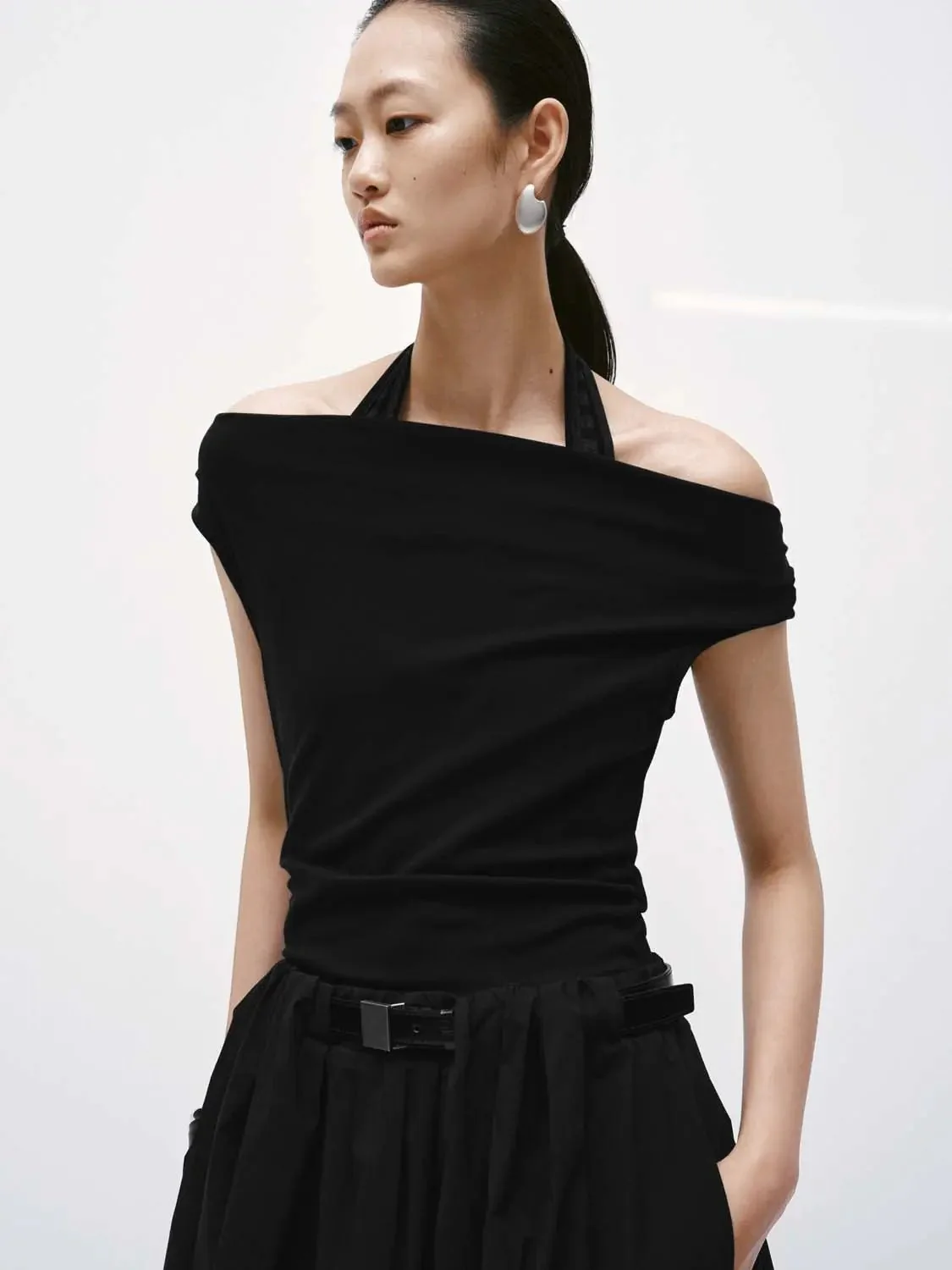 Cotton Halter Cowl Neck Ruched Aline Midi Dresses