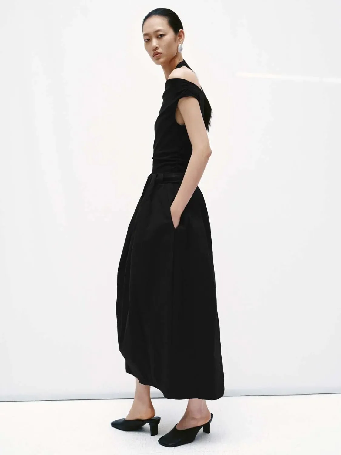 Cotton Halter Cowl Neck Ruched Aline Midi Dresses