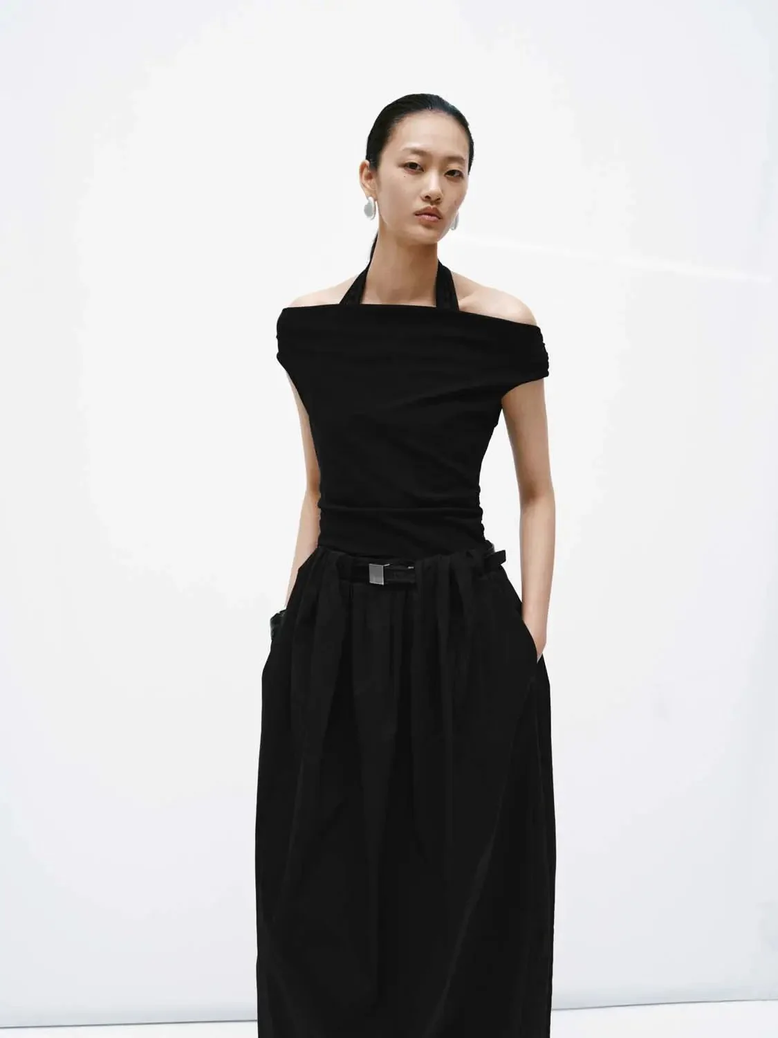 Cotton Halter Cowl Neck Ruched Aline Midi Dresses