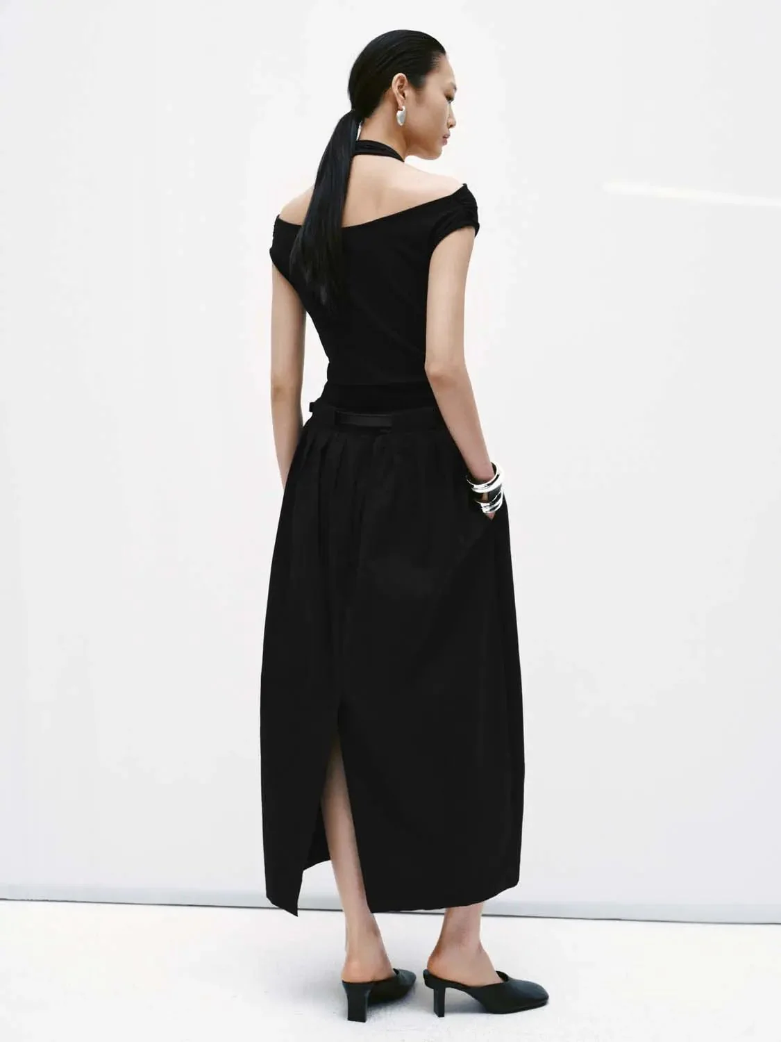 Cotton Halter Cowl Neck Ruched Aline Midi Dresses